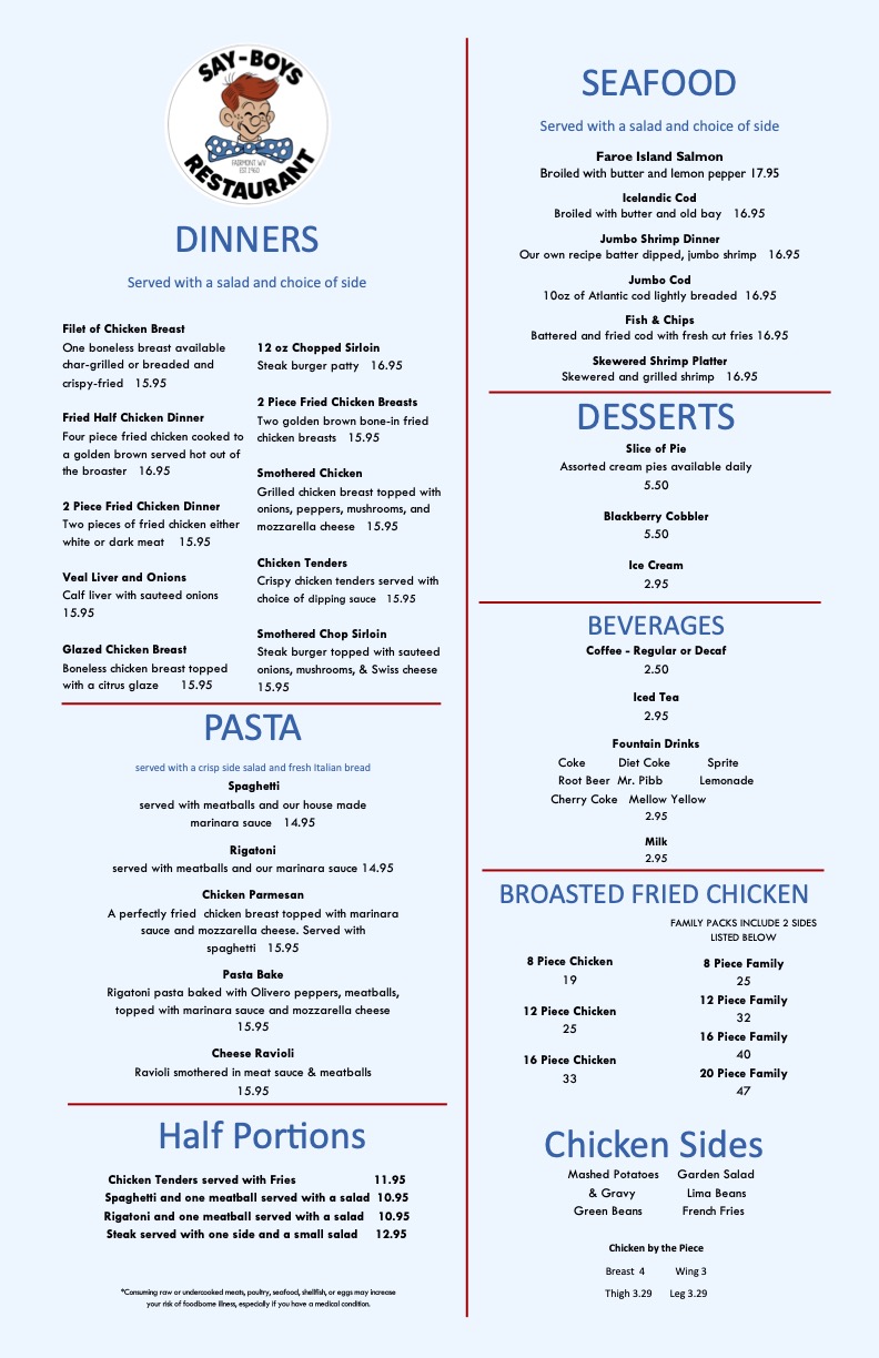 Say-Boy Restaurant menu page featuring dinners, pasta, seafood, desserts, beverages, broasted chicken, and sides.