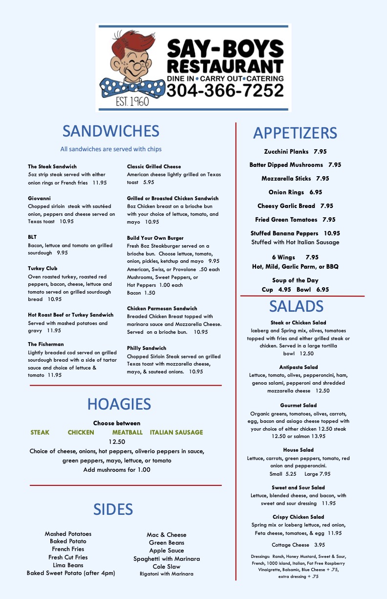Say-Boy Restaurant menu page featuring sandwiches, appetizers, salads, hoagies, and sides.